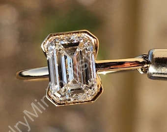 Modern Half Bezel Set Engagement Ring, 1.5 Ct Emerald Cut Lab Diamond Anniversary Ring, 14K Yellow Gold Wedding Ring, Minimalist Bridal Ring