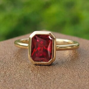 18K Solid Yellow Gold Radiant Ruby Engagement Ring, Classic Bezel Solitaire Anniversary For Women