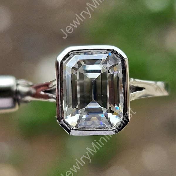 14K White Gold Emerald Cut 3.0 Ct Lab Grown Engagement Ring, Full Bezel Setting