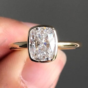 2.5 Ct Elongated Cushion Cut Simulated Engagement Ring, Bezel Set Wedding Ring, 14K Yellow Gold Solitaire Ring. Anniversary Ring