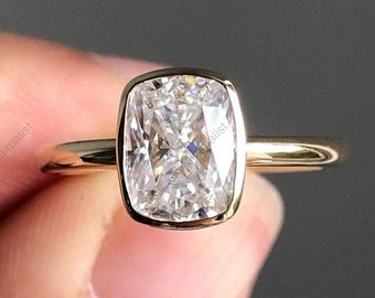 2.5 Ct Elongated Cushion Cut Simulated Engagement Ring, Bezel Set Wedding Ring, 14K Yellow Gold Solitaire Ring. Anniversary Ring