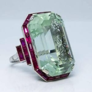 Grande anello con diamante taglio smeraldo verde, anello con diamante da sera, anello in filigrana Art Déco edoardiano, anello da cocktail da donna in argento 925.