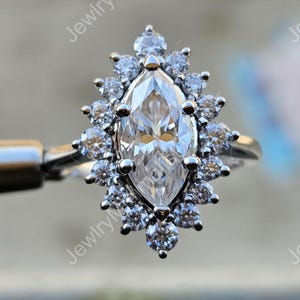 1.5 Ct Marquise Cut Moissanite Engagement Ring, Star Burst Cluster 14K Rose Gold Wedding Ring, Six Prong Set Proposal Ring, Promise Ring