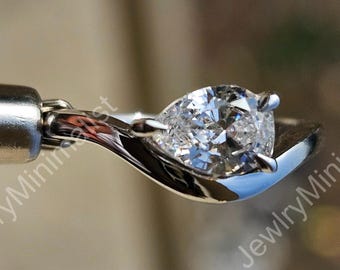 Wave Shank Wedding Ring, 1.5 Ct Pear Cut Lab Grown Engagement Ring, East West Diamond Bridal Ring, 14K Solid Yellow Gold Anniversary Ring.