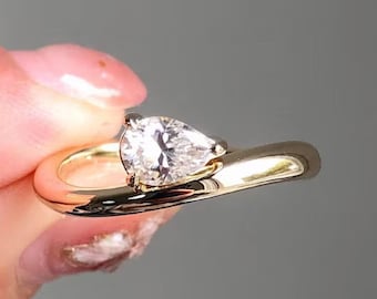 East West Diamond Ring,1.5 Ct Pear Cut Lab Grown Wedding Ring,Wave Shank Tear Drop Bridal Promise Ring,14K Solid Yellow Gold Engagement Ring