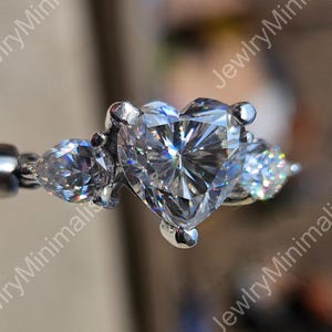 Heart Cut Lab Grown Diamond Ring: Three Stone 18K White Gold Engagement