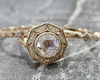 Vintage stijl belofteringset, 1,5 kt rond geslepen moissaniet trouwringset, 14k geelgouden bruidsringset, unieke 3-bands bruidsringset.