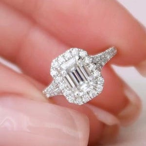 1.0 Ct Emerald Cut Lab Grown Wedding Ring, Classic Halo Engagement Ring, 14K Solid White Gold Proposal Ring,Vintage Split Shank Ring For Her