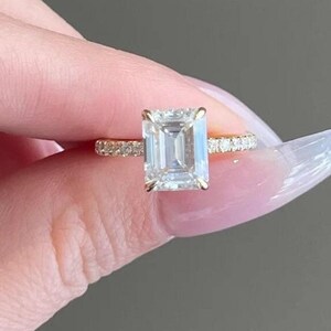 Emerald Cut Moissanite Ring, Dainty Hidden Halo, Art Deco Wedding Band, Four Prong Set