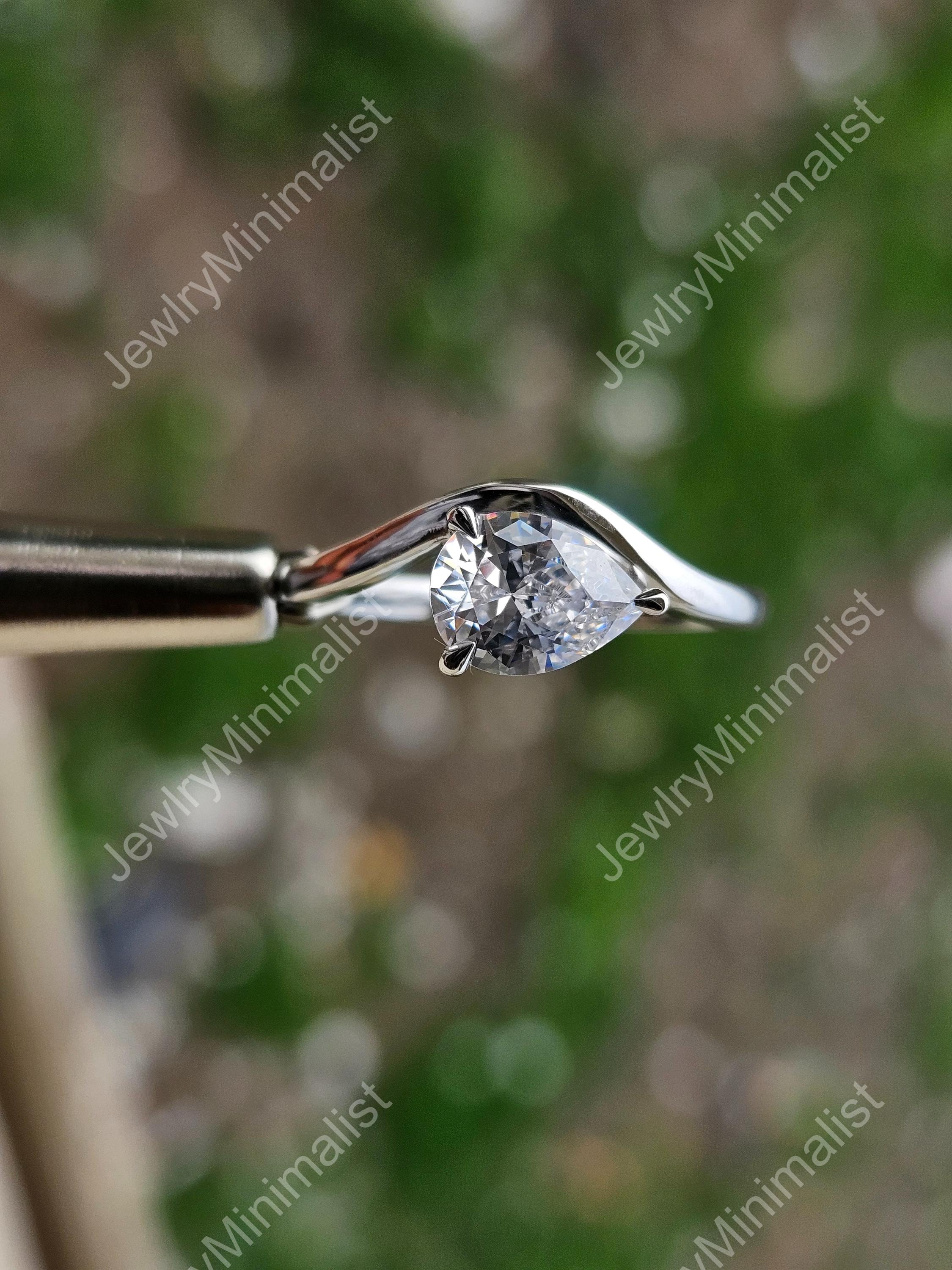Pear Cut Engagement Ring, East West Pear Ring, Curved Ring, Solitaire Ring, 1.5 Ct Pear Cut Moissanite Wedding Ring, 14K Solid Gold Ring