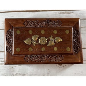 Vintage Wooden Box with Brass Inlay Decorative Trinket Storage