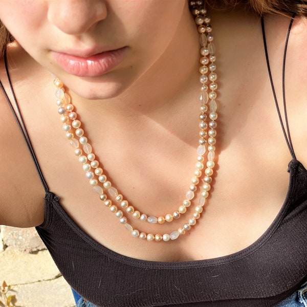 Metallic Pastel Pearls and Misty Chalcedony Rope Necklace, one of a kind, gift for her, link and layer, Freshwater, All Nacre