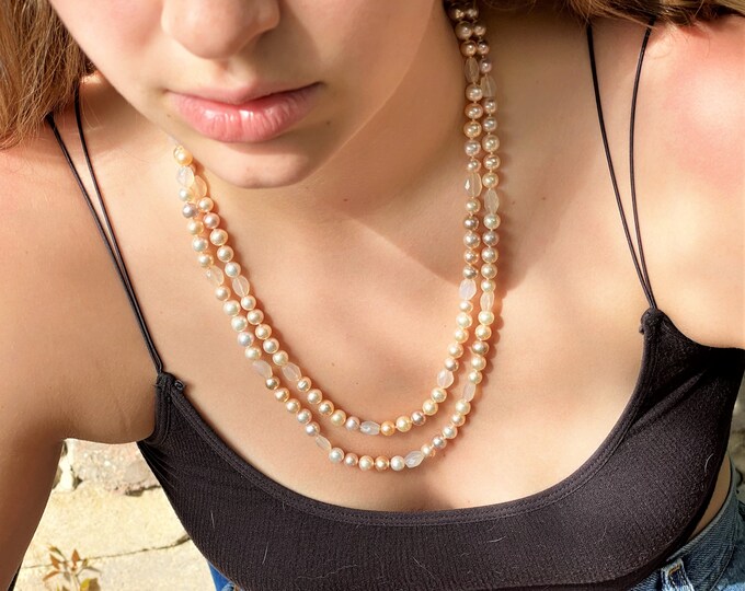 Metallic Pastel Pearls and Misty Chalcedony Rope Necklace, one of a kind, gift for her, link and layer, Freshwater, All Nacre