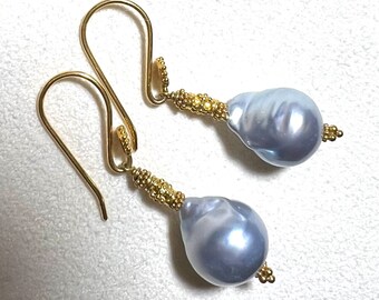 Exquisite Rare Blue South Sea Earrings, 18K solid gold, Artisan made with Granulation