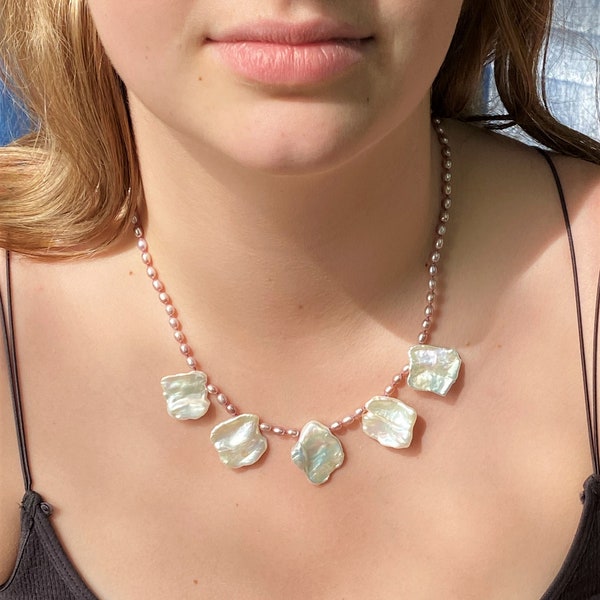 All Pure Nacre Chic Petal Pearl Bib Necklace White Rainbow Freshwater Sterling 925 Orbit Clasp Hand Knotted in USA Beachy Wedding