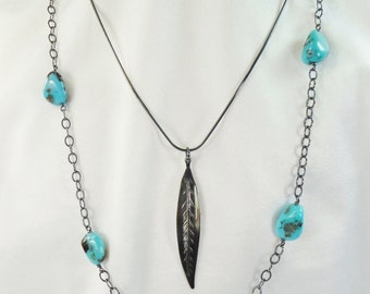 American Turquoise Nugget Necklace Blackened Sterling Chain Long Leaf Pendant Layering Edgy Organic Rustic Dark Patina Handmade Custom