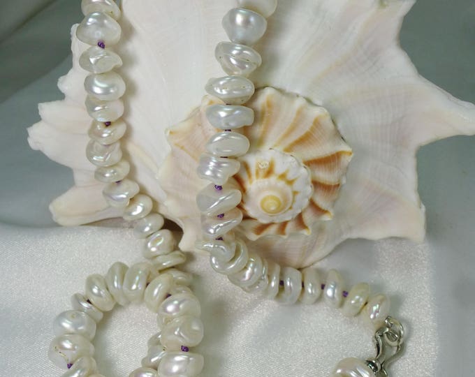 Pure Nacre Edgy White Keshi Pearl Necklace Sterling Silver 925 Hook Clasp 11 mm Freshwater Lustrous Hand Knotted on Violet Thread