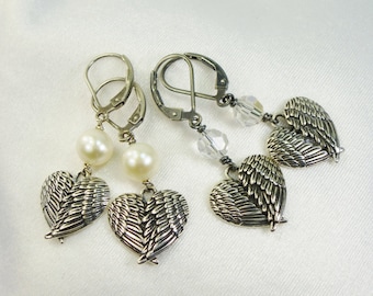 Angel Wing Earrings Sterling Silver, Pearl, Swarovski Crystal, Heart 925, Love, Customize, Sentimental, French Wire,