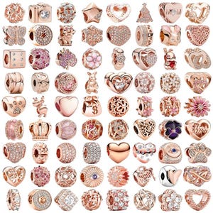 Roséguld Charm-pärlor, blomma, tass, hjärtklämmor, Pandora armbandssmycken