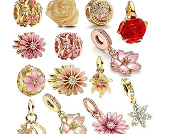 Colgante con dije de flor rosa chapado en oro, compatible con pulseras y collares Pandora.