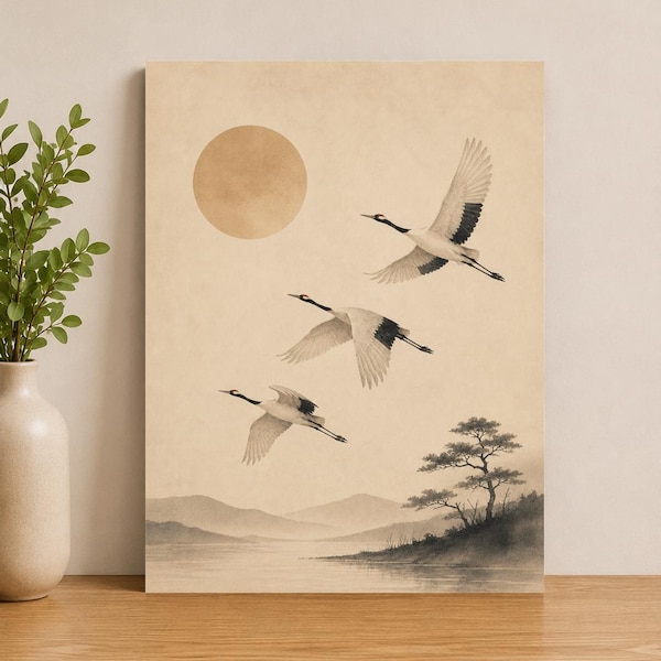 Japandi Style Cranes in Flight UV Printed Wooden Picture A3