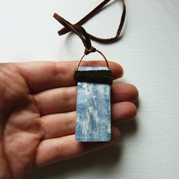 SALE Kyanite Crystal Raw Gemstone Unisex Necklace. Bohemian Recycled Leather & Suede