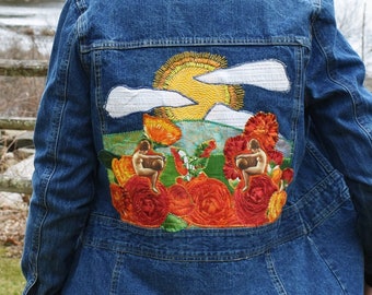 Poppies, Sunshine and Girls! Appliqué and Hand Embroidered Upcycled Denim Art Jacket