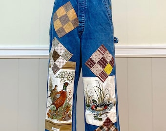 Woodland Patched Overalls - Hippie Style Denim Quilted Hand-Patched Upcycled Farmer Overalls