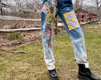 Hippie Hand-Patched Jeans - Let Your Love Grow - Hippie Style Denim Hand-Patched Upcycled Straight Leg Jeans