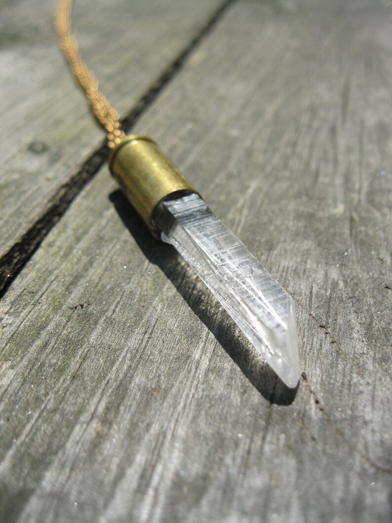 Quartz Crystal and Bullet Shell on Vintage Brass Chain image 2
