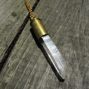 Quartz Crystal and Bullet Shell on Vintage Brass Chain image 1