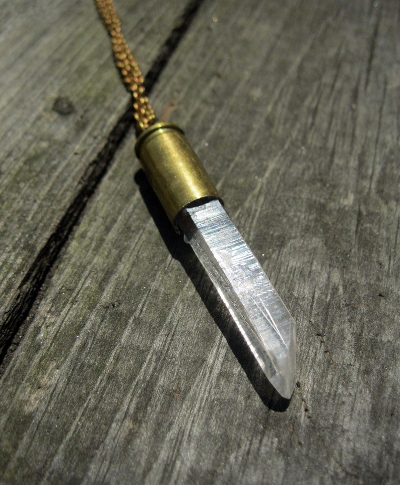 Quartz Crystal and Bullet Shell on Vintage Brass Chain image 1