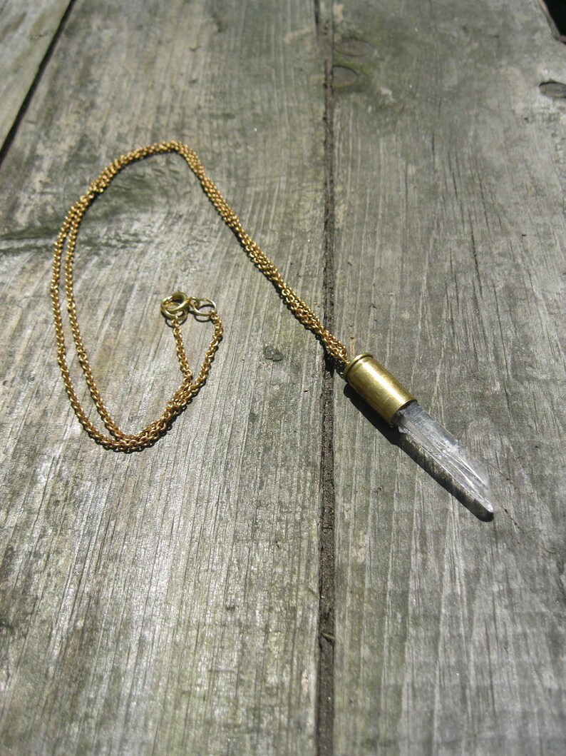 Quartz Crystal and Bullet Shell on Vintage Brass Chain image 3