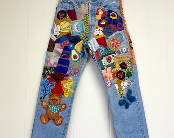 Crazy Patched Jeans - Levis Womens Size 28 - Hippie Style Denim Hand-Patched Upcycled Wedgie-Fit Jeans