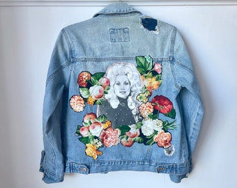 Dolly Parton Jean Jacket. Floral Appliqué. Size Small. One of a kind. Wearable Denim Embroidered Textile Art