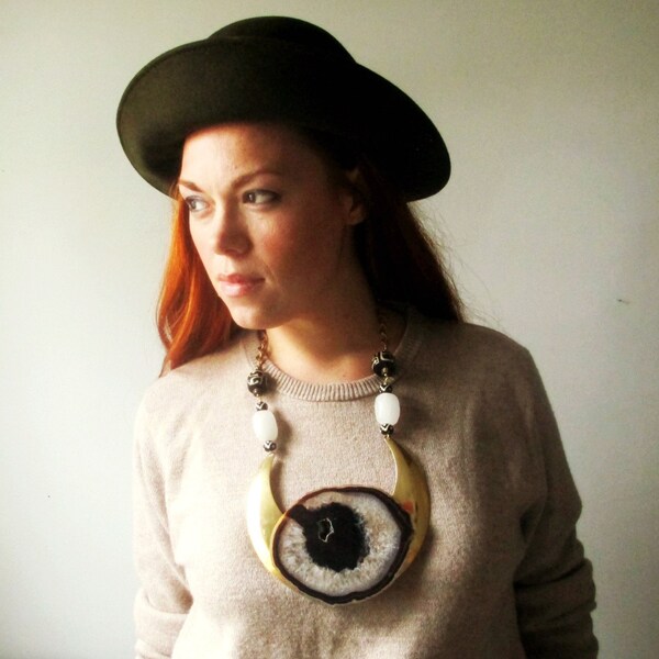 Geode Druzy Tribal Statement Necklace. Massive Agate Slice And Brass.