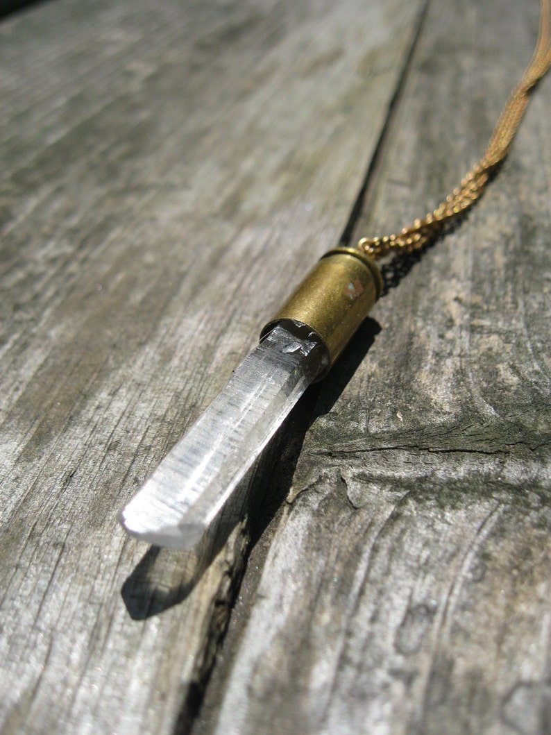 Quartz Crystal and Bullet Shell on Vintage Brass Chain image 4