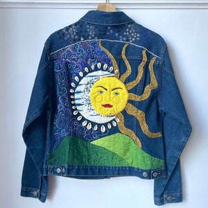 Cosmic Artwear Jacket - Hand-Embroidered Sun & Moon Designs. Upcycled Denim. Eco-Friendly Fashion