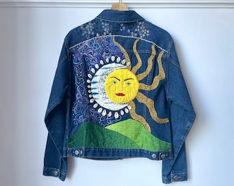 Cosmic Artwear Jacket - Hand-Embroidered Sun & Moon Designs. Upcycled Denim. Eco-Friendly Fashion