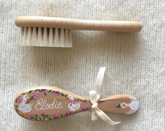 Personalised Hand-Painted Baby Hair Brush | Unique & Custom Baby Gift | Newborn Keepsake | Party Geese | Natural Soft Brush