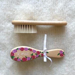 Personalised Hand-Painted Baby Girl Hair Brush | Unique Custom Baby Gift | Newborn Keepsake | Roses | Natural Soft Brush| Birth Flower