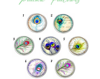 Peacock Feathers - Set of Seven Glass Domes Snaps - Glass - Snap Jewelry - Pattern - Snap Charms - Glass Snap Charms