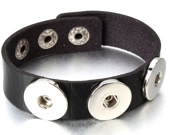 Bracelet - Leather - One Three Snap - Adjustable - Black - Brown - Coordinate with 18mm Snaps - Christmas - Holiday