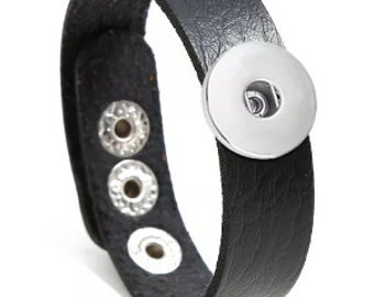 Snap Bracelet - Black Leather - One Snap - Adjustable - Hot Pink - Black - Brown - Red - Coordinate with 18mm Snaps - Christmas - Holiday