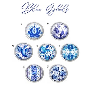 Blue Gzhels Snap, Set of Seven Glass Dome Snaps, Compatible with Ginger Snaps, 18mm Snap Button, Fits Women&#39;s Snap Jewelry, Gift for Women
