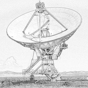 May include: A black and white pencil sketch of a large satellite dish antenna. The dish is pointed upwards and is mounted on a tall, sturdy base. The antenna is surrounded by a fence and grass.