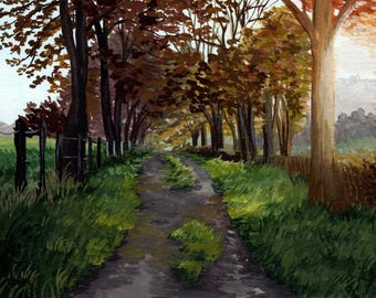 Può includere: Un sentiero sterrato si snoda attraverso un boschetto di alberi con foglie autunnali. Gli alberi si trovano su entrambi i lati del sentiero, creando un tunnel di foglie. Il sentiero è delimitato da una recinzione di legno sul lato sinistro.