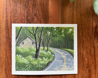 Original Gouache 3x4” Mini-Painting “Around the Bend” | Cozy Art