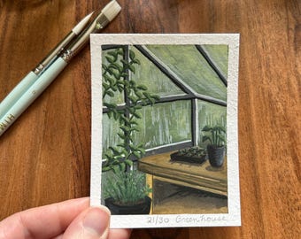 May include: A watercolor painting of a greenhouse interior with a wooden table and potted plants. The painting is signed "21/30 Greenhouse".