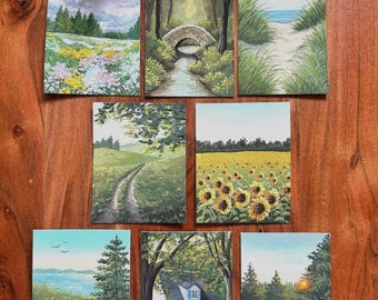 Sommerliche Mini-Gemälde, 3x4 Zoll, Original-Gouache-Landschaftsmalerei